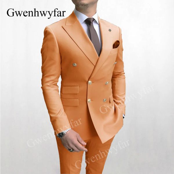 Costumes Gwenhwyfar Men de poitrine double costume de charbon de bois orange noire bleu royal blanc fashion or bouton de fête (veste + pantalon)