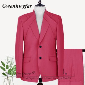 Costumes Gwenhwyfar Costume rose vif Homme veste avec boucle symétrique marié mariage Tuxedos 2022 sur mesure conçu hommes costumes 2 pièces