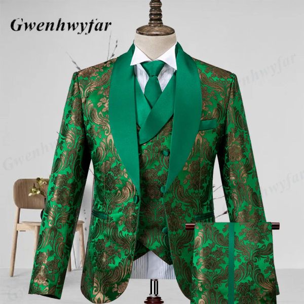 Trajes gwenhwyfar estrella patrón verde de tela trajes 2022 padrinos a cola de humo a cola mejor manugo de esmoquin con flor de oro de oro 3 piezas