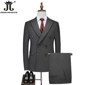 Trajes Traje de negocios informal para hombre de Color sólido a la moda de marca de gama alta, conjunto de dos piezas, vestido de boda para novio, traje cruzado