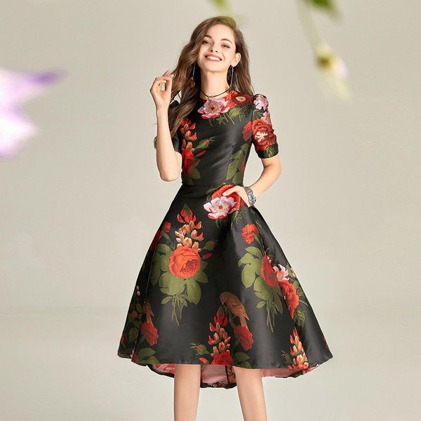 Trajes de alta calidad brocado para mujer, vestido de manga corta a la moda con cola de golondrina, ropa de fiesta Floral elegante inspirada en celebridades