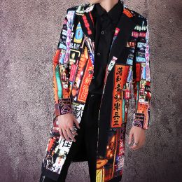 Costumes Hip Hop Dancer Singer DJ Costume Coat Outterwear Stage Cloths Men Vintage Fashion Slim Fit Pattern Imprimé Long Blazer Veste mâle