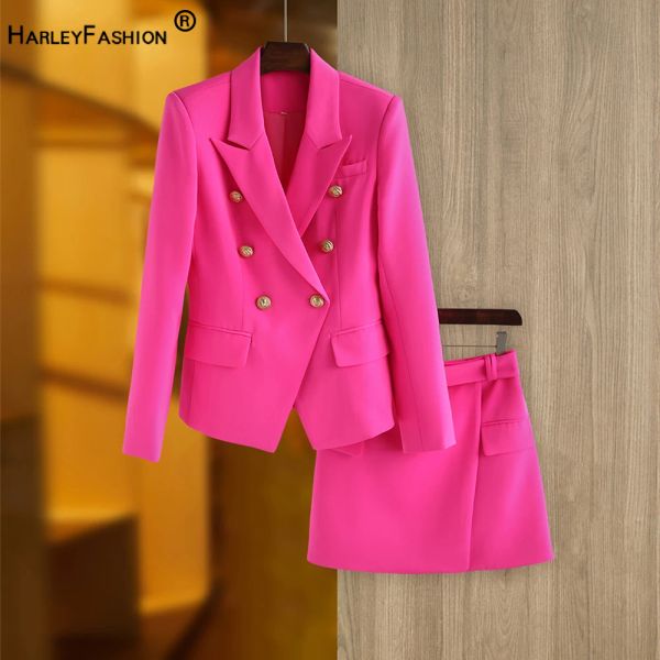 Trajes Hot Pink Women Street Trajes de falda de dos piezas Moda Color caramelo Estilo americano Slim Lady Blazer Sets 2PCS