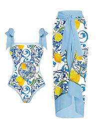 Costumes en 2023 La nouvelle conception d'impression bleue femelle serre fraîche fruit de citron méditerranéen lier la combinaison de natation en une pièce et couvrir