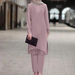 Costumes Vêtements Islamiques Pantalon Ensemble pour Femmes Abaya Robe Mode Musulmane Creux Solide Manches Longues Arabe Dubaï Eid Mubarak Dames Kaftan