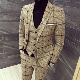 Pakken Jassen Vest Broek 2023 Mannen Plaid Business Blazers Mannelijke Slim Fit Puur Katoen Driedelig Pak 3 Stuks Set geruite Bruidegom Jurk M5XL