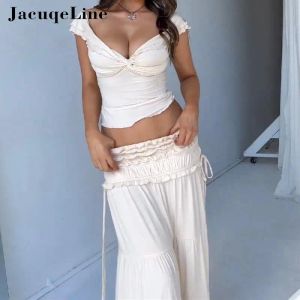 Pakken Jacuqeline y2k Maxi-jurk Tweedelige sets Dames Franse outfits Sexy off-shoulder Diepe V Crop Tank Top en Ruches Lange Rokken Sets