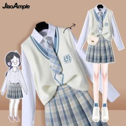 Costumes Japon JK Preppy Style étudiant uniforme femmes printemps automne tricot gilet chemise blanche avec cravate plissée jupes à carreaux tenues 2022 nouveau