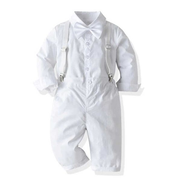 Trajes Niño Niño Traje de ropa formal Camisa de lazo blanco Vestido de bautismo de manga larga Tirantes sólidos Pantalones Fiesta Boda Conjunto de niño guapoHKD230704