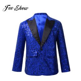 Costumes Enfants Garçons Paillettes Revers Blazer Gentlman Costume Tuxedo Manteau pour Mariage Fête D'anniversaire Cirque Spectacles De Magie Soirée Scène Danse 230131