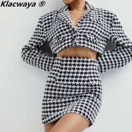 Trajes Klacwaya Houndstooth traje de otoño para mujeres conjunto de dos piezas trajes de mujer con falda faldas de cintura alta conjuntos de chaqueta corta femenina