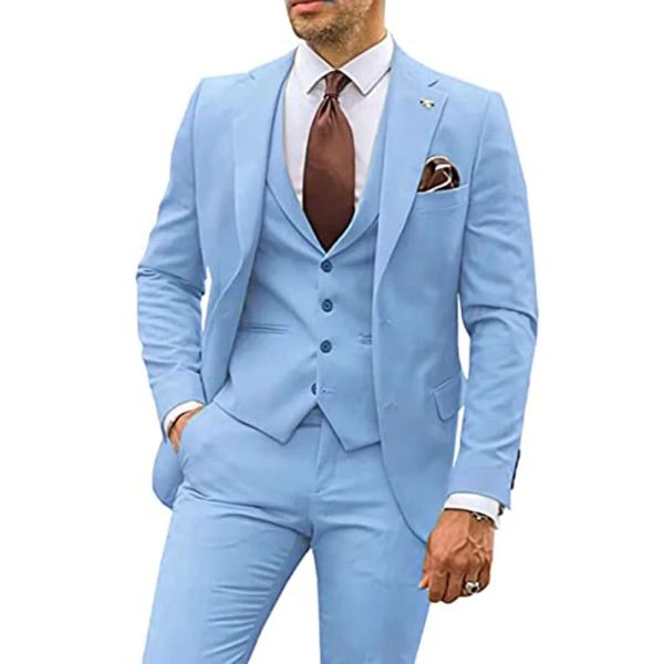 Costumes Lansboter bleu ciel hommes costume 3 pièces ensemble mince cranté revers affaires décontracté fête de mariage marié smoking Blazer gilet avec pantalon