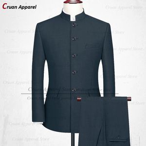 Costumes Dernière marque grande taille chinois tunique costumes pour hommes mince meilleur homme marié mariage smoking ensemble bleu col montant veste pantalon 2 pièces