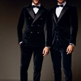 Costumes Dernières couères Pant conceptions Navy Blue Blue Double Breasted Velvet Men Suit Formal Slim Fit Wedding Tuxedo Custom Groom Blazer Masculino