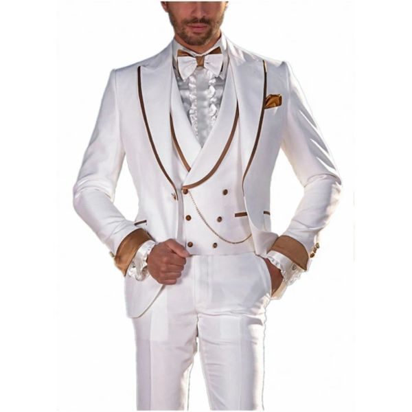 Costumes Dernières colorées hommes romantique plage mariage blanc smoking costumes Double boutonnage gilet pic revers robe de bal porter pour le dîner