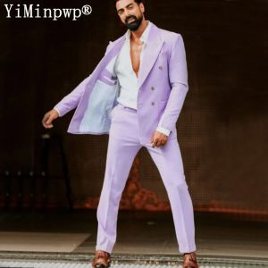 Trajes Trajes de hombre lila de 2 piezas con solapa en pico y doble botonadura conjuntos de chaqueta de verano traje de hombre elegante traje informal de viaje chaqueta + pantalones