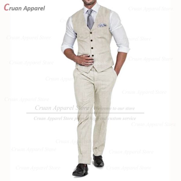 Costumes Costumes en lin pour hommes 2 pièces décontracté Beige gilet pantalon ensemble 2023 été plage classique lin smokings pour marié garçons d'honneur meilleur homme