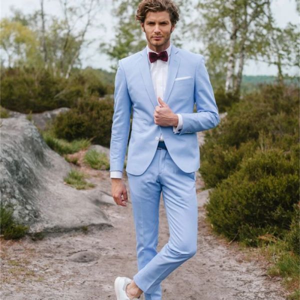 Costumes Luxueux 2 pièces costume de mariage pour hommes 2021 Slim Fit marié Tuxedos pic revers formel affaires bleu ciel costumes masculins (Blazer + pantalon)