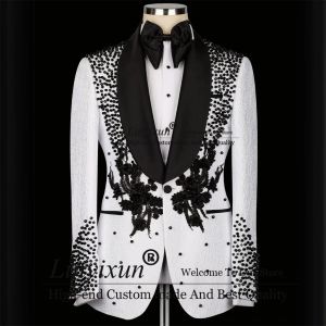 Costumes Luxury Luxury Beded White Wedding Bost for Men Peak Apelled Groom Tuxedos Appliques Slim Fit 3 Pièces Sets Mâle Prom Party Blazers