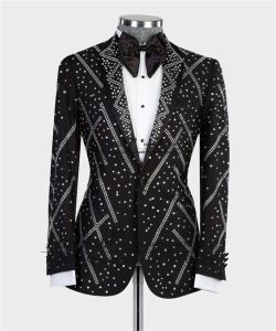 Trajes Trajes de lujo de cristal para hombre, solapa con cuentas, esmoquin de boda para novio, conjuntos de 2 piezas, chaquetas de baile para novio, traje ajustado para fiesta, Terno Masculino