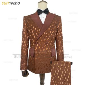 Costumes Impression de luxe hommes costume ensembles fête de mariage marron brillant Blazer pantalon 2 pièces sur mesure nouveaux modèles hommes vestes élégant smoking