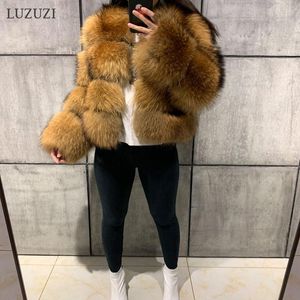 Trajes Luzuzi abrigo de piel sintética de mapache ropa de talla grande moda invierno abrigo de mujer cuello redondo cálido grueso peludo chaqueta de piel recortada para mujer