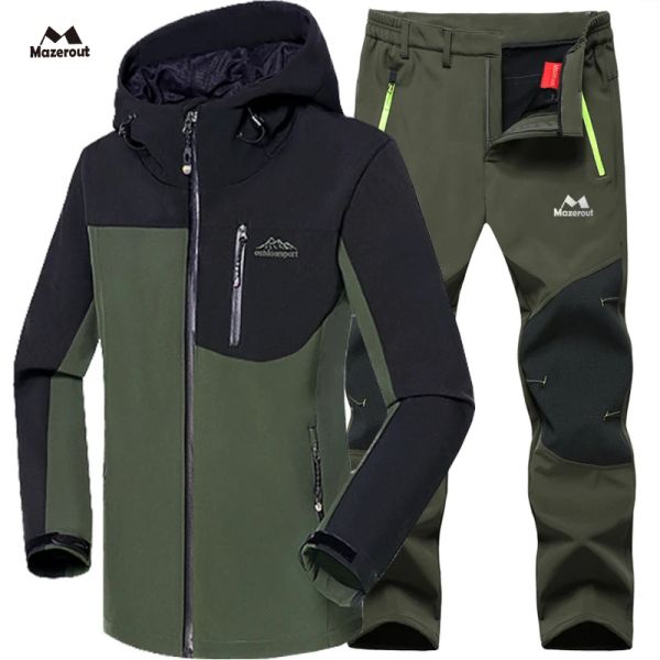 Trajes Hombre Invierno Impermeable Pescado Esquí Cálido Softshell Polar Senderismo Chaquetas al aire libre Trekking Campamento Abrigo Conjunto Pantalones Subir Pantalones de gran tamaño