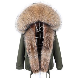 Trajes Maomaokong Ropa de invierno Mujeres Abrigo de piel natural Cuello de piel de mapache real Parkas Quitar forro de piel sintética Chaqueta corta gruesa cálida