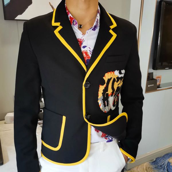 Costumes Hommes Blazer veste flocage tête de tigre manteau mâle tendance Hiphop scène Costumes pour chanteur marée hommes Blazer décontracté élégant Blazer