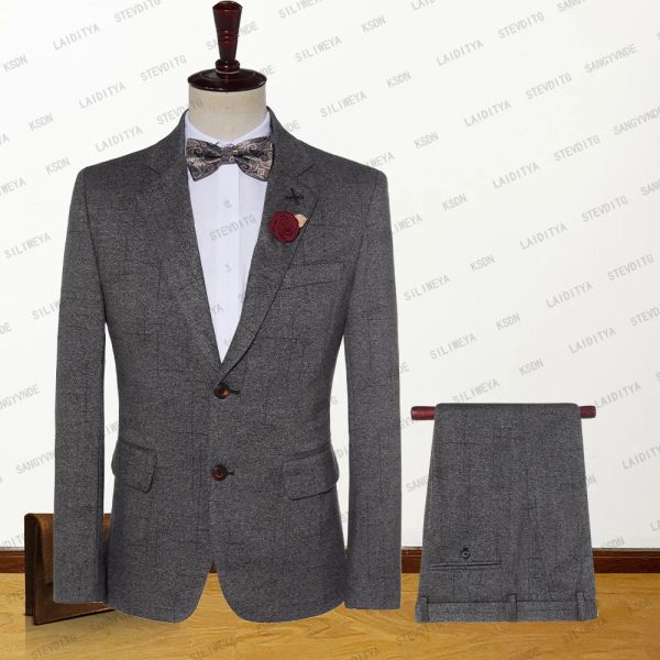 Costumes Hommes Robe Blazers Pantalon 2 Pièces Ensemble Mâle Mariage Nouveau 2023 Automne Affaires Formel Gris Plaid Costumes De Luxe Slim Fit Manteau Pantalon