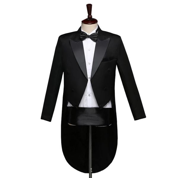 Costumes classiques noirs de revers brillant et manteau de queue de taillon de queue de mariage de mariée chanteuse de mariée chanteuse 2 pièces costumes manteau tails fête