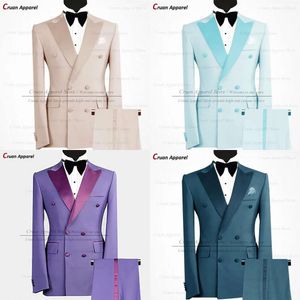 Pakken Heren Fashion Gray For Men Slim Fit Formele Double Breasted Homecoming Wedding Suit Blazer Pants 2 stuks Mens Tuxedos Set S