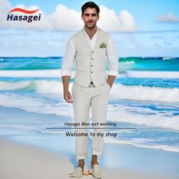 Suits Men's Linen Suits 2 Pieces Slim Fit Suit Prom Tuxedos Beach Wedding Groomsman Vest & Pants Set Casual Summer Linen Outfit