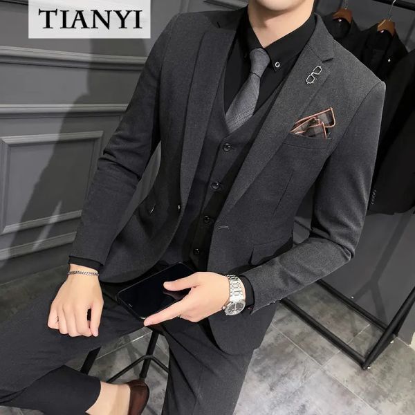 Trajes Conjunto de traje de tres piezas para hombre, ropa de negocios formal informal ajustada, herramientas de talla grande, chaqueta occidental, vestido de novia, traje de 2 piezas