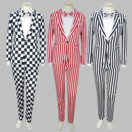 Trajes de hombres conjuntos Bebes Black White Plaid Coat Pants Boind Tie 3pcs Masculino Cantante traje de payaso Magia Magia Show Tema rayado 4xl traje