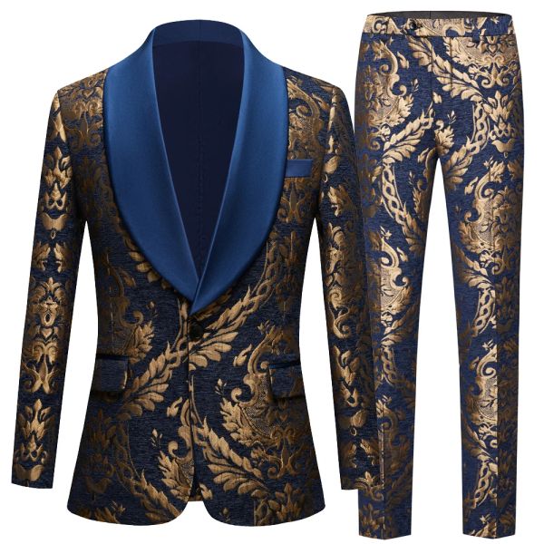 Trajes Trajes de hombre Patrón dorado y azul marino Esmoquin para novio Mantón Solapa de satén Padrinos de boda Padrino de boda 2 piezas (chaqueta + pantalones)