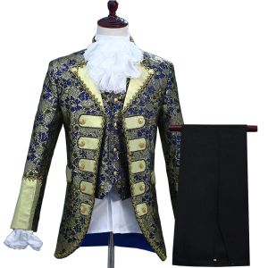 Pakken Heren 3 -delige pakken geborduurd jasje Vestbroek Victoriaans kostuum Royal Court Prince Suit Party Wedding Stage Show Kleding