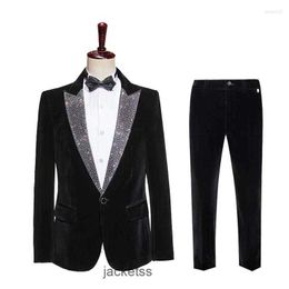 Costumes mens noirs veet costume de mariage banquet de soirée hôte hôte smoking hingestones collier blazer pantalon 2 pièces
