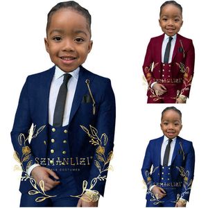 Pakken Marineblauw Jongens Pak Bruiloft Tuxedo 3 Stuk Piekte Revers Jas Broek Vest Kind Formele Blazer Set Slim Fit Outfit Kostuum MariageHKD230704