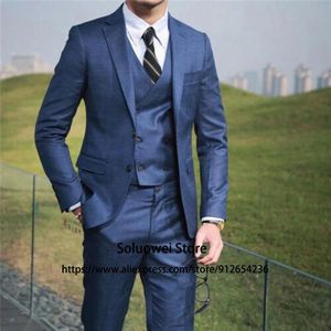 Pakken Marineblauw Pak Voor Mannen Slim Fit 3 Stuk Jas Vest Broek Set Bruidegom Bruiloft Double Breasted Smoking Formeel kostuum Homme