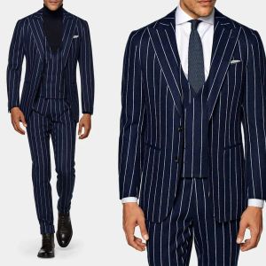 Trajes Trajes de hombre azul marino 3 piezas Blazer Chaleco Pantalones Un solo pecho Negocios Solapa en pico Telas a rayas Novio de boda a medida Tallas grandes