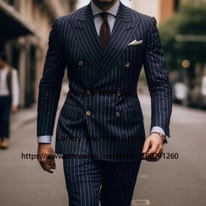 Costume Navy Blue Stipe Suit for Men Double Basted Business Blazer Wedding Groom Tuxedo 2 pièces Set Daily Jacket Pantal