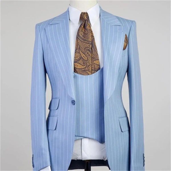 Costumes nouveaux combinaisons d'arrivée pour hommes rayures baby bleu simple poitrine narquillée Blazer Terno Masculino Jacket Pantal