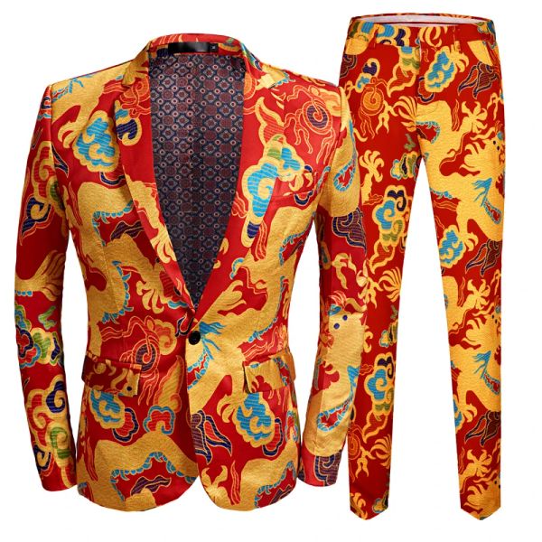 Costumes New Chinese Style Red Dragon Print Suit Men Scarner Singer Portez 2 pièces Slim Fit Wedding Tuxedo Costume Ball Party