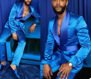 Costumes Nouvelle mode italien argent hommes costumes Satin coupe ajustée bleu Royal brillant marié bal de mariage smoking sur mesure Blazer ensemble Costume Homme