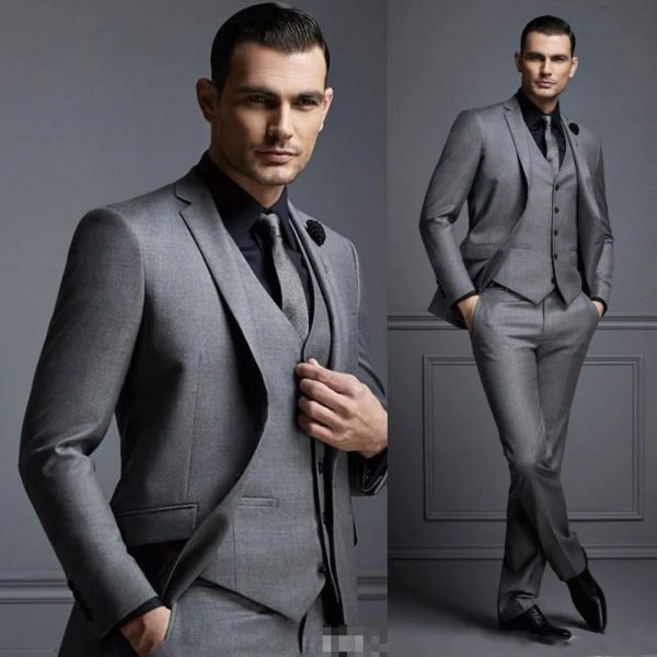 Trajes Nuevo traje gris para hombre, traje de novio, trajes formales baratos para hombre para boda, los mejores esmoquin para novio entallado para hombre (chaqueta + chaleco + pantalones)