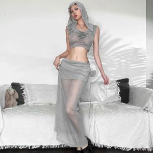 Suits Nieuwe Capuchon Mouwloos Vest Vrouwen Dunne Highwaisted Hollowup Rok Corset Set 2 Stuk Rok Rok Set Voor Vrouwen elegante 2023