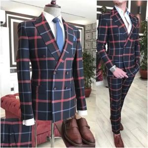 Costumes Nouveau costume à carreaux pour hommes, ligne rouge et bleue, veste coupe cintrée, pantalon, blazer à double boutonnage, vêtements de mariage, tenue de fête