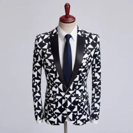 Trajes nuevos hombres moda negro blanco triángulo patrón Blazer Slim Fit diseños traje Homme ropa de escenario para cantantes traje chaqueta