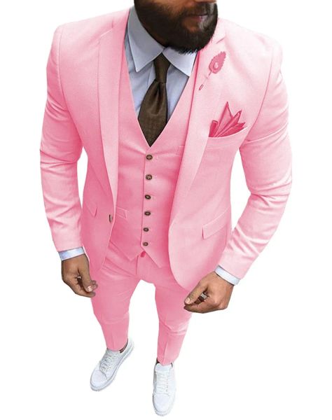 Costumes Nouveau rose hommes 3 pièces costume formel affaires cran revers Slim Fit Tuxedos meilleur homme Blazer pour mariage (Blazer + vecket fête voyage